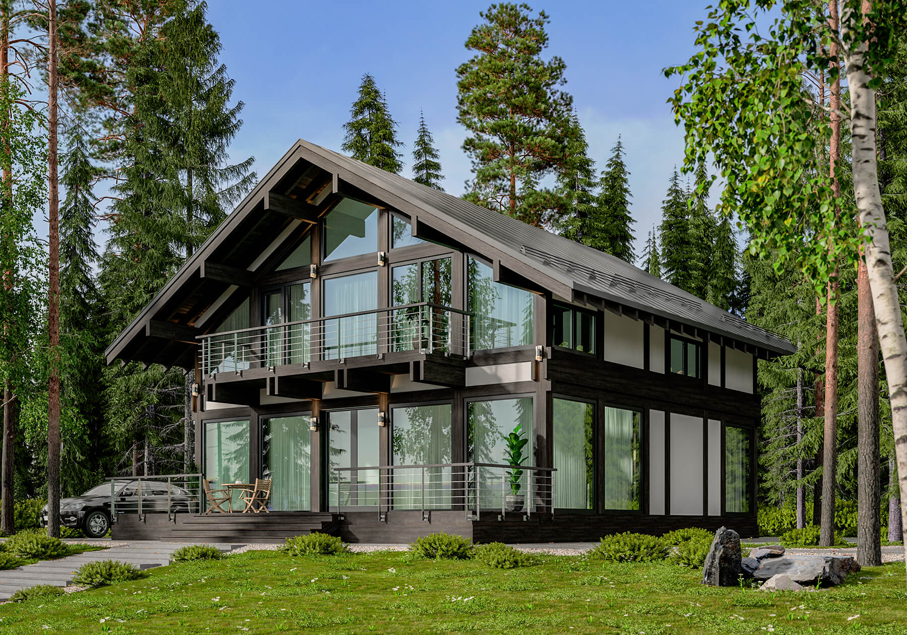 Проекты деревянных домов с панорамным остеклением 200-250м2